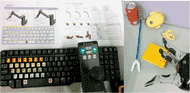 The left picture shows the ARM user interfaces and instructions. The keyboard interface has 27 labeled keys on the left side of a regular keyboard. Among these 27 keys, the top row keys with number 1 to 7 and second row “Q” to “U” control each joint of the ARM. The keys “A” to “H” and “Z” to “N” control the six directions – three translations and three rotations of the Cartesian coordinate system. The “SPACE” key is to stop the ARM. The joystick interface has one three axis joystick with two buttons on top of the joystick knob and joystick cover with five rubber buttons six LED lights. The two buttons on the knob is to switch the control mode. The rubber buttons on the cover are power, home, drinking and two spare function switch buttons. The instruction sheets show the relationship between the control interfaces and their moving directions. The right picture shows that the daily objects that can be used for the WMFT-ARM – soda can, mouth stick, lock or keyhole, key, and pad.